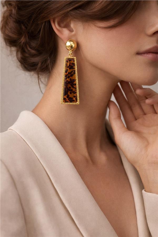 Terra Kahverengi Gold Leopar Desenli Plastik Küpe